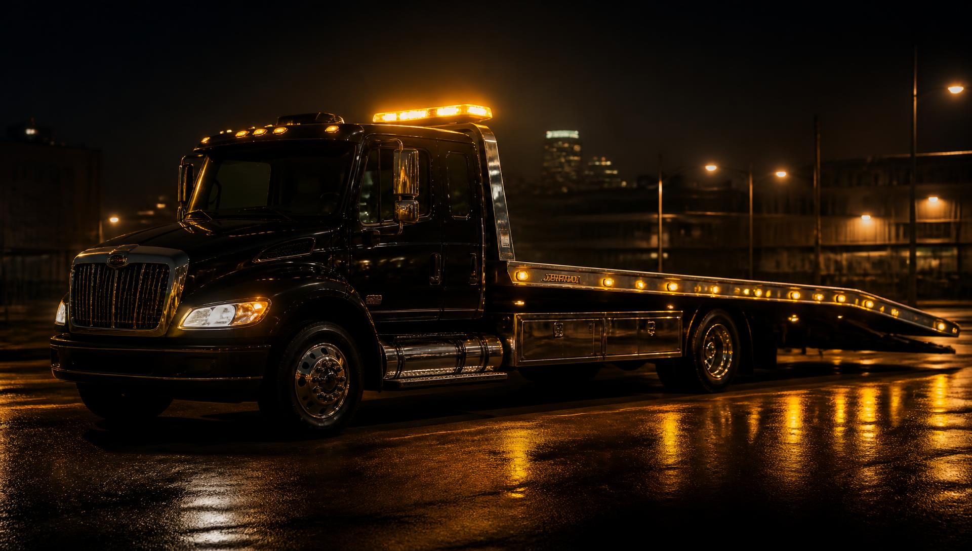 Black flatbed rollback tow truck on a Springfield street at night